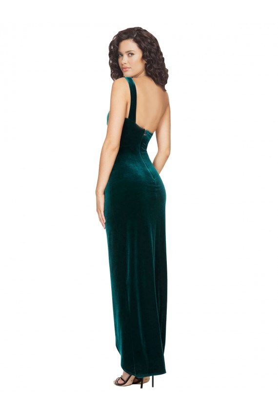 Best Stretch Velvet Low Back Long One Shoulder Sheath High Low Evening Dress