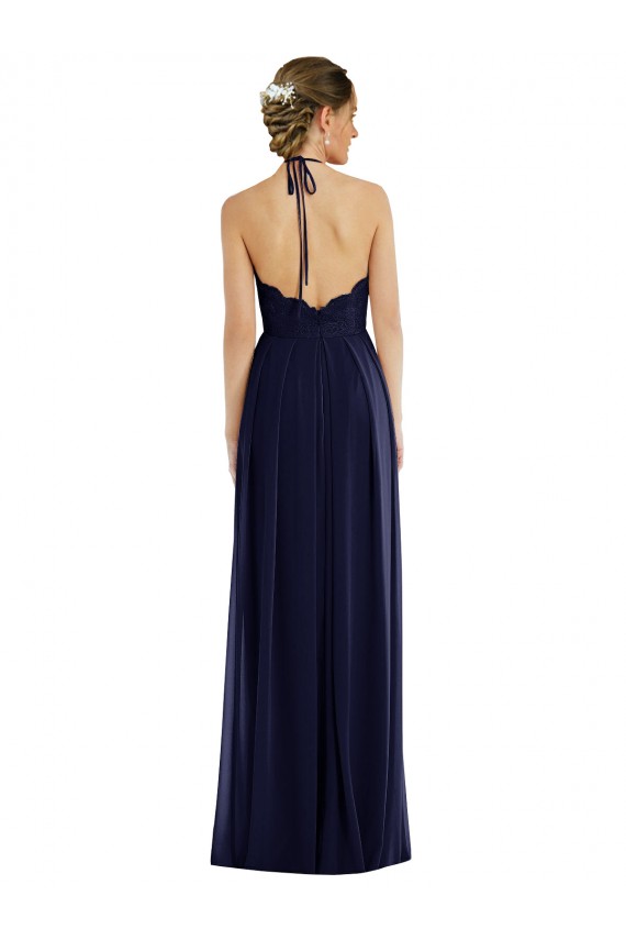 Best Soft Chiffon Open Back Long Halter Neck Dark Navy A-Line Semi Formal Evening Dress