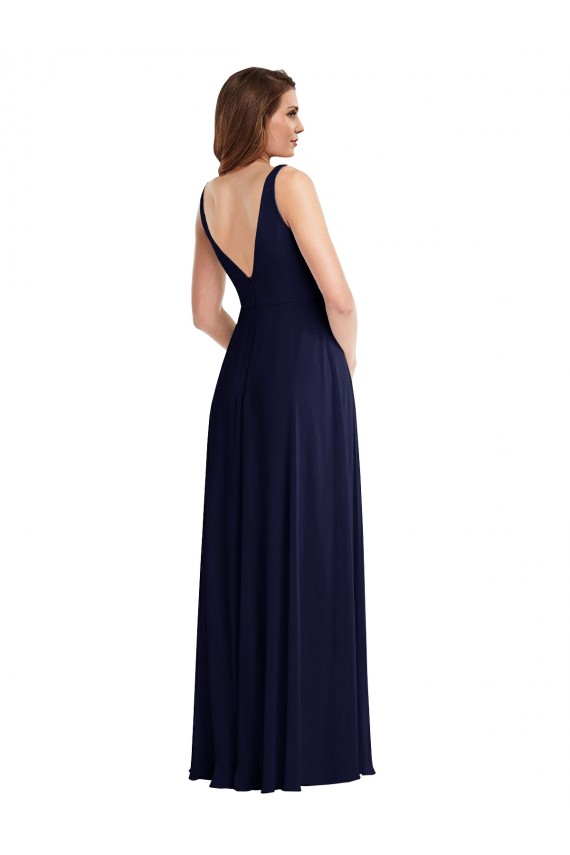 Best Soft Chiffon V-Back Long V-Neck Dark Navy A-Line Black Tie Evening Dress