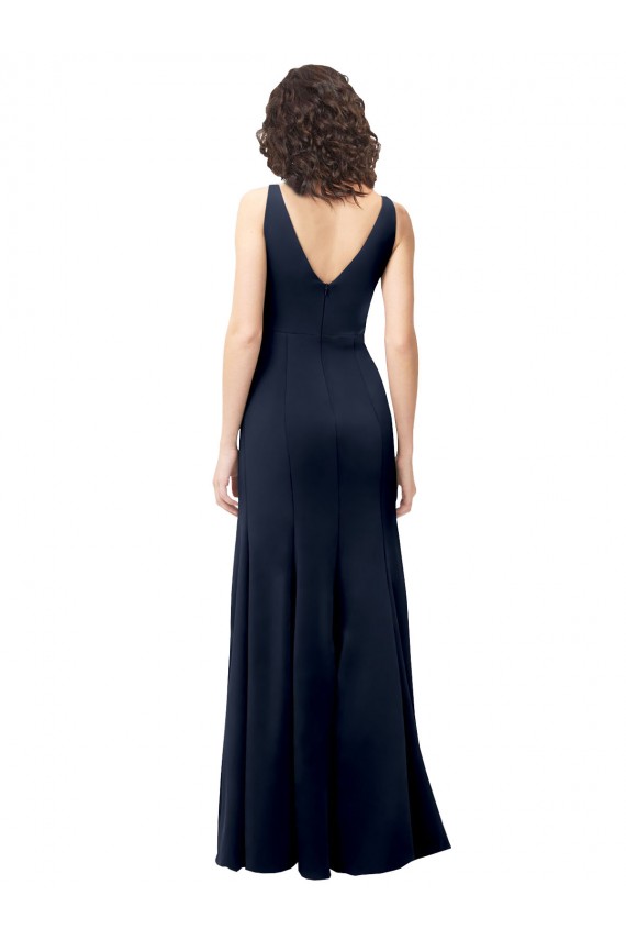 Best Stretch Crepe V-Back Long V-Neck Dark Navy A-Line Formal Dress