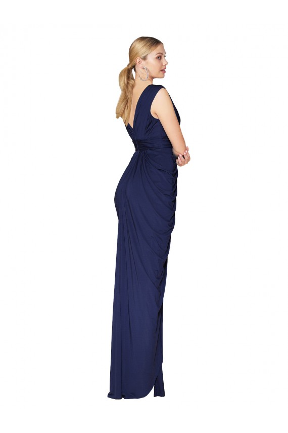 Best Soft Chiffon V-Back Long V-Neck Dark Navy Mermaid Formal Evening Dress