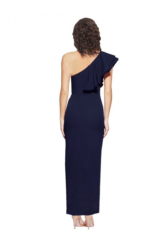 Best Stretch Crepe Long One Shoulder Dark Navy Sheath Formal Evening Dress