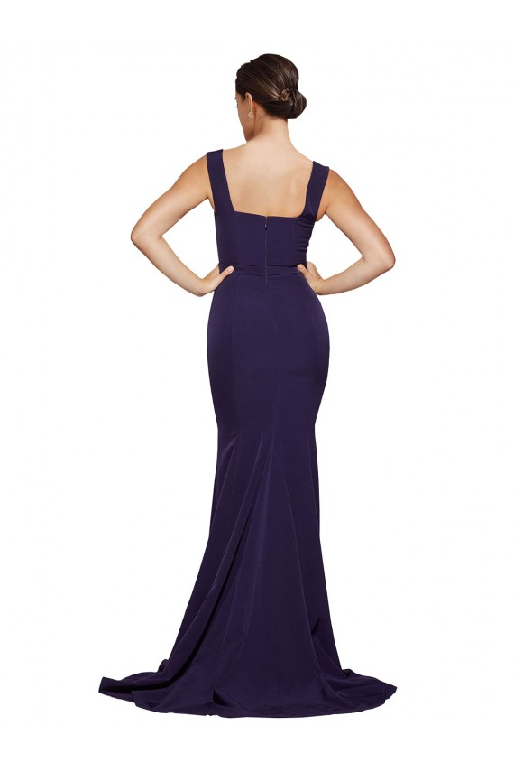 Best Stretch Crepe Sweep Train Square Neck Dark Navy Sheath Semi Formal Evening Dress