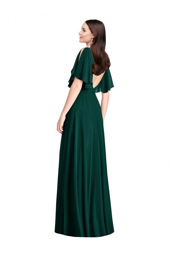 Best Soft Chiffon V-Back Long Bateau Neck A-Line Semi Formal Evening Dress
