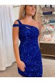 Best Velvet Sequin Sleeveless One Shoulder Fuchsia Sheath Evening Dresses