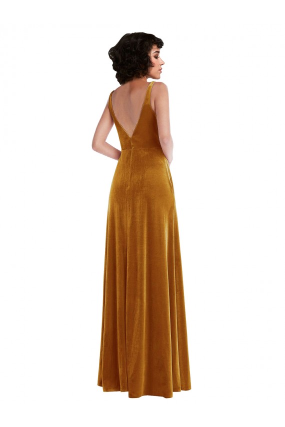 Best Stretch Velvet V-Back Long V-Neck Trumpet Semi Formal Evening Dress