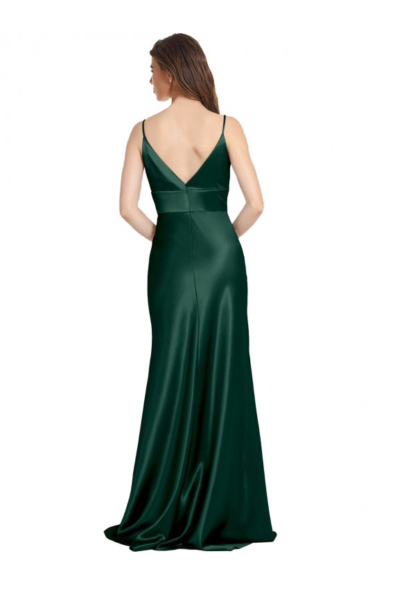 Best Stretch Satin V-Back Long Spaghetti Straps Sheath Formal Evening Dress