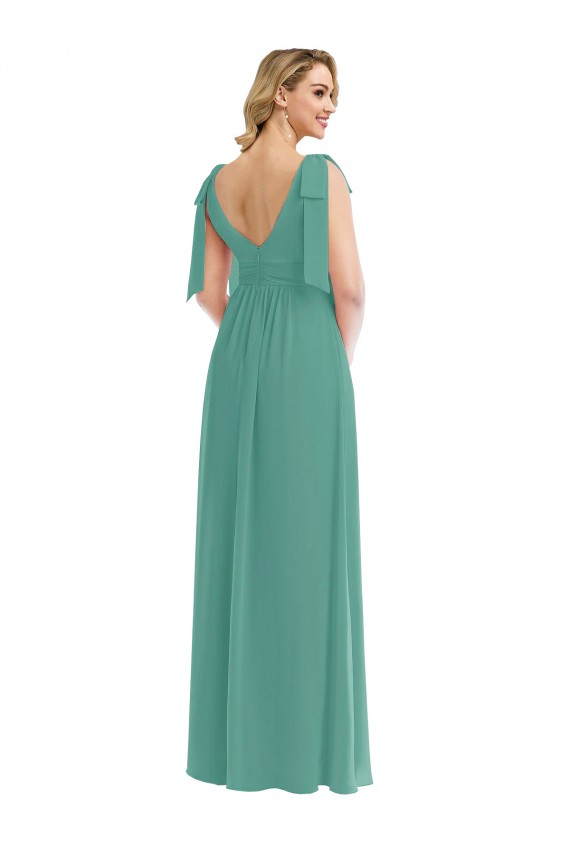 Best Soft Chiffon V-Back Long V-Neck Icelandic Silver A-Line Semi Formal Evening Dress