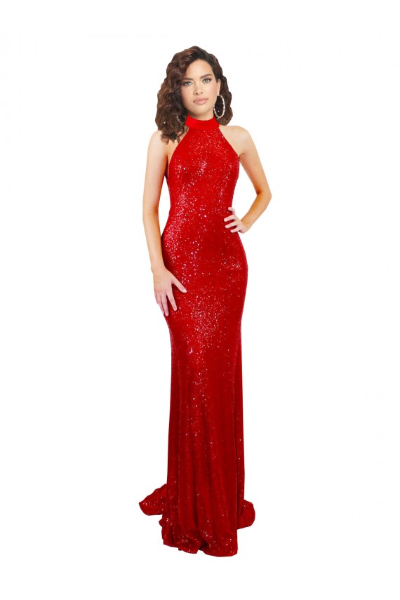 Best Sequin Open Back Long Halter Neck Mermaid Formal Evening Dress