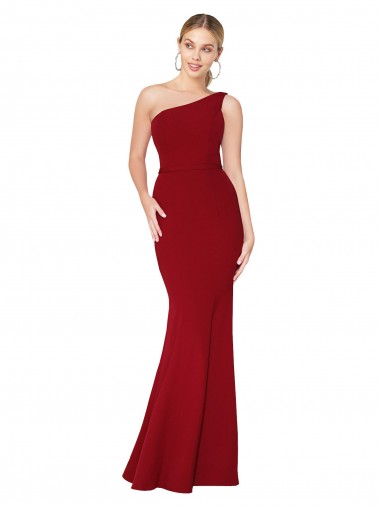 Best Stretch Crepe Long One Shoulder Burgundy Mermaid Formal Evening Dress