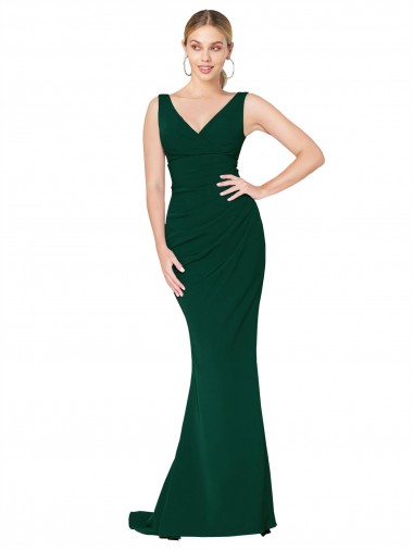 Best Stretch Crepe Long V-Neck Midnight Green Mermaid Formal Evening Dress