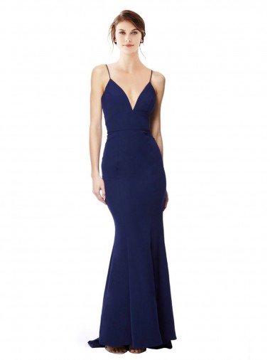 Best Stretch Crepe Open Back Long Spaghetti Straps Mermaid Formal Dress