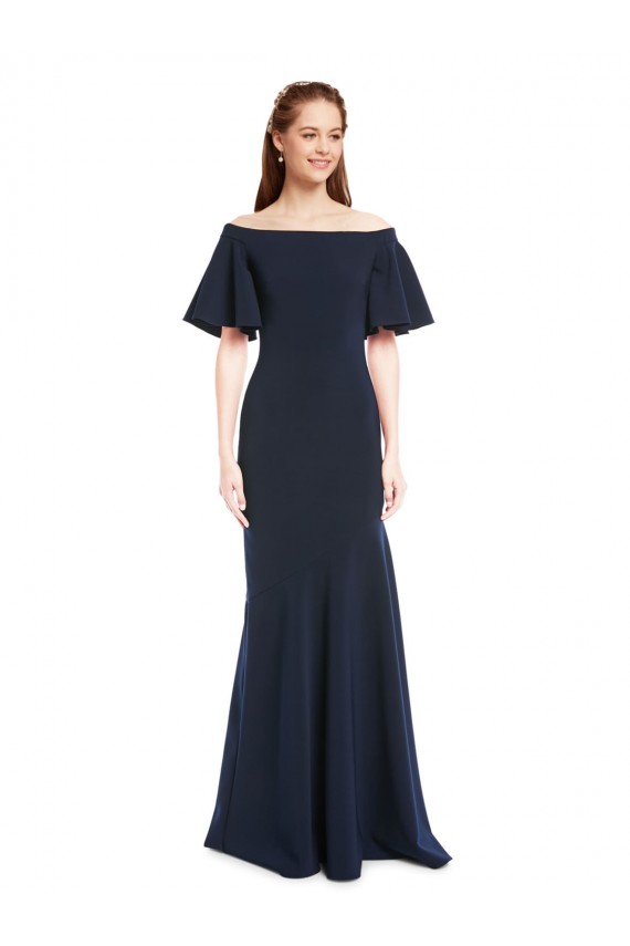 Best Stretch Crepe Long Off the Shoulder Dark Navy Mermaid Evening Dress