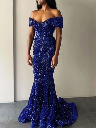 Best Velvet Sequin Sweep Train Off the Shoulder Mermaid Evening Dresses