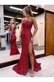 Best Velvet Sequin Sweep Train One Shoulder Mermaid Evening Gowns