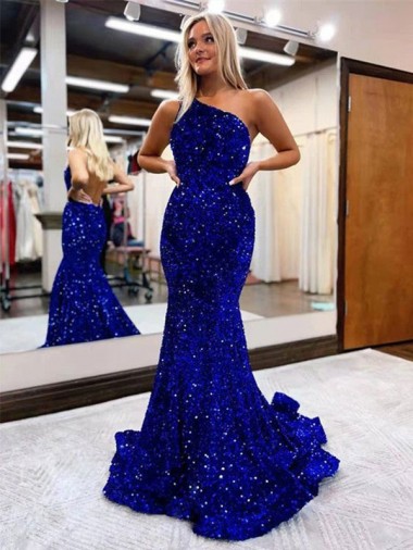 Best Velvet Sequin Sweep Train One Shoulder Mermaid Evening Dress