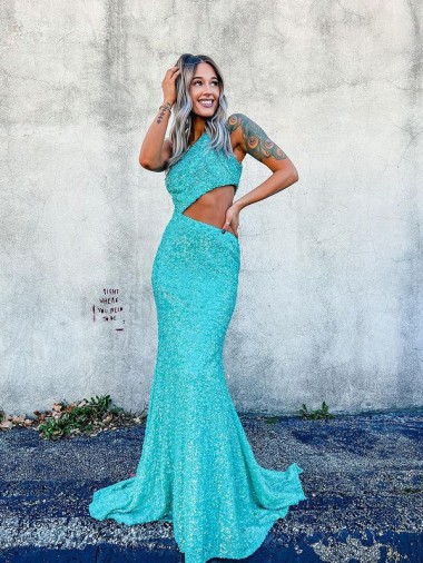 Best Velvet Sequin Sweep Train One Shoulder Mermaid Evening Dresses