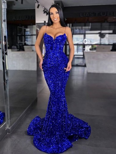 Best Velvet Sequin Sweep Train Spaghetti Straps Mermaid Evening Dress