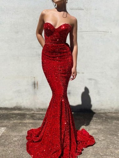 Best Velvet Sequin Court Train Sweetheart Mermaid Evening Dress