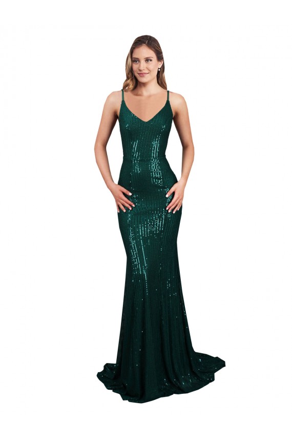 Best Sequin Low Back Long V-Neck Dark Green Mermaid Formal Evening Dress