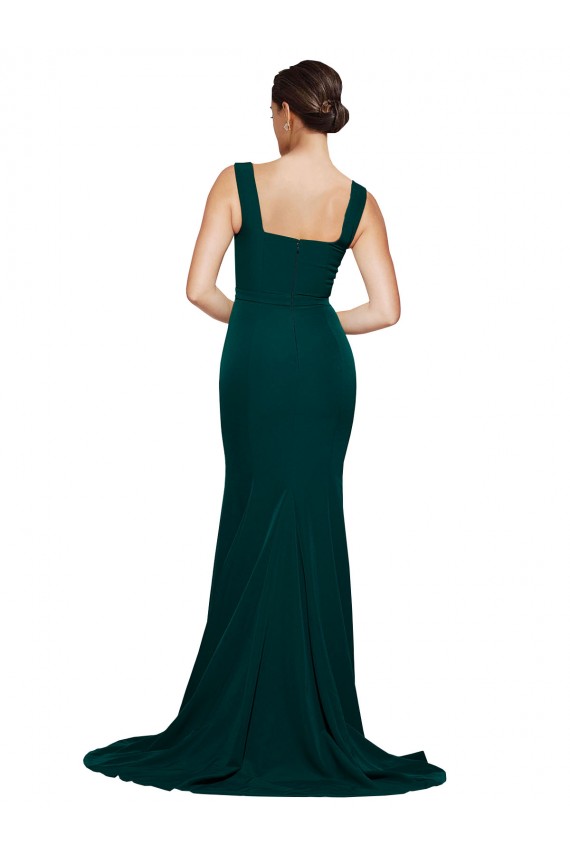 Best Stretch Crepe Sweep Train Square Neck Midnight Green Sheath Semi Formal Evening Dress