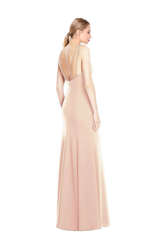 Best Stretch Crepe Open Back Long Bateau Neck Nude Trumpet Semi Formal Evening Dress