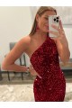 Best Velvet Sequin Sweep Train One Shoulder Sheath Evening Gowns