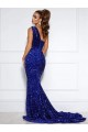 Best Velvet Sequin Court Train One Shoulder Mermaid Evening Dress