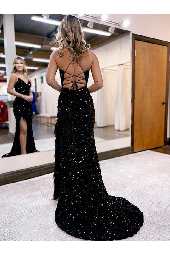 Best Velvet Sequin Sweep Train V-Neck Sheath Sweep Train Evening Dresses
