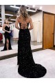 Best Velvet Sequin Sweep Train V-Neck Sheath Sweep Train Evening Dresses