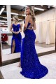 Best Velvet Sequin Sweep Train V-Neck Sheath Sweep Train Evening Dresses