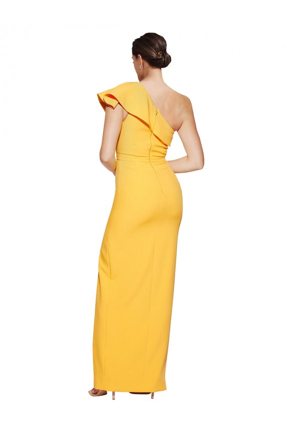 Best Stretch Crepe Long One Shoulder Saffron Sheath Formal Evening Dress