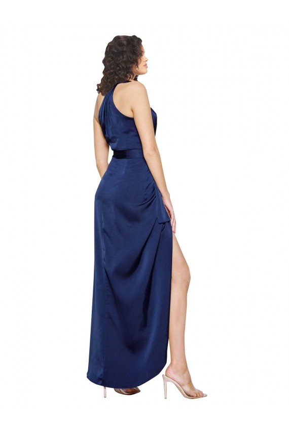 Best Silky Satin Long Halter Neck Sapphire A-Line High Low Evening Dress