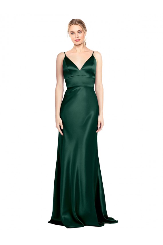 Best Stretch Satin V-Back Long Spaghetti Straps Sheath Formal Evening Dress
