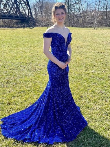 Best Velvet Sequin Sweep Train Off the Shoulder Sheath Evening Dress