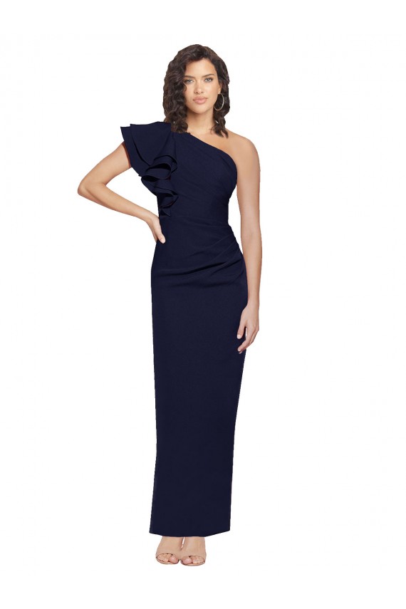 Best Stretch Crepe Long One Shoulder Dark Navy Sheath Formal Evening Dress