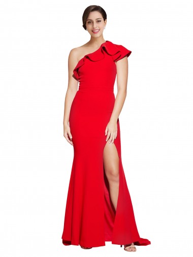 Best Stretch Crepe Sweep Train One Shoulder Red Sheath Semi Formal Evening Dress