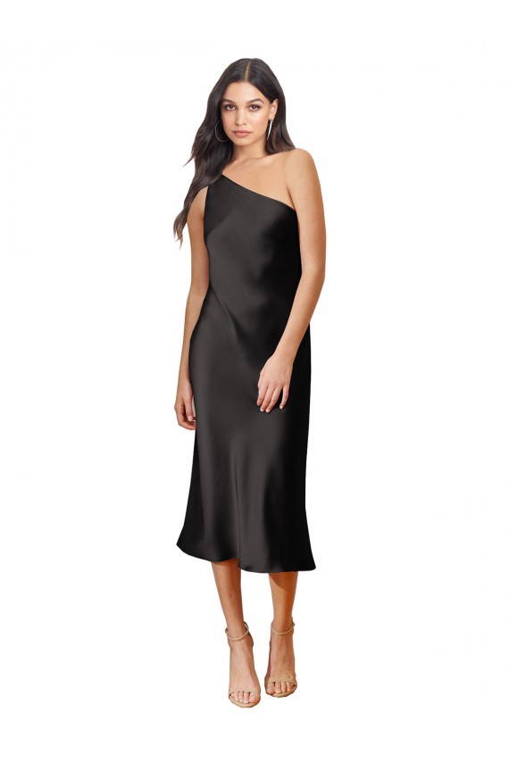 Best Stretch Satin Midi Length One Shoulder Sheath Black Tie Evening Gown