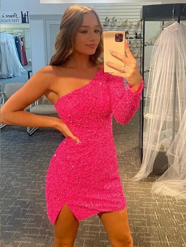 Best Velvet Sequin Short One Shoulder Sheath Cocktail Evening Dress
