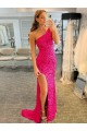 Best Velvet Sequin Sweep Train One Shoulder Long Evening Dress