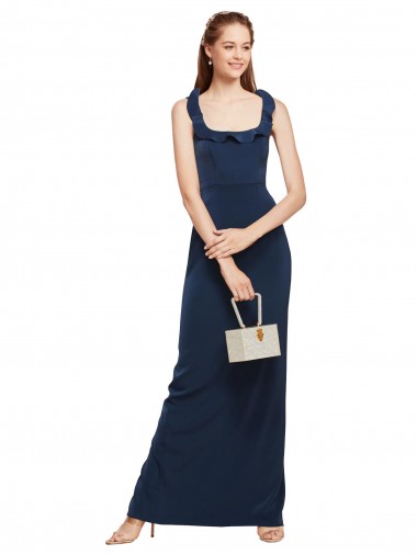 Best Stretch Crepe Low Back Long Scoop Neck Dark Navy Sheath Formal Evening Dress