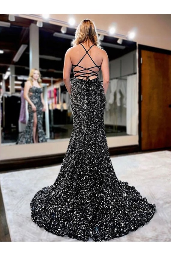Best Velvet Sequin Sweep Train Spaghetti Straps Sleeveless Evening Dress