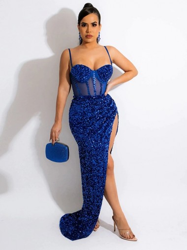 Best Velvet Sequin Sleeveless Spaghetti Straps Royal Blue Sheath Evening Dress