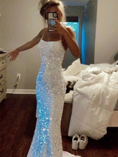 Best Velvet Sequin Sweep Train Spaghetti Straps Sheath Evening Dress