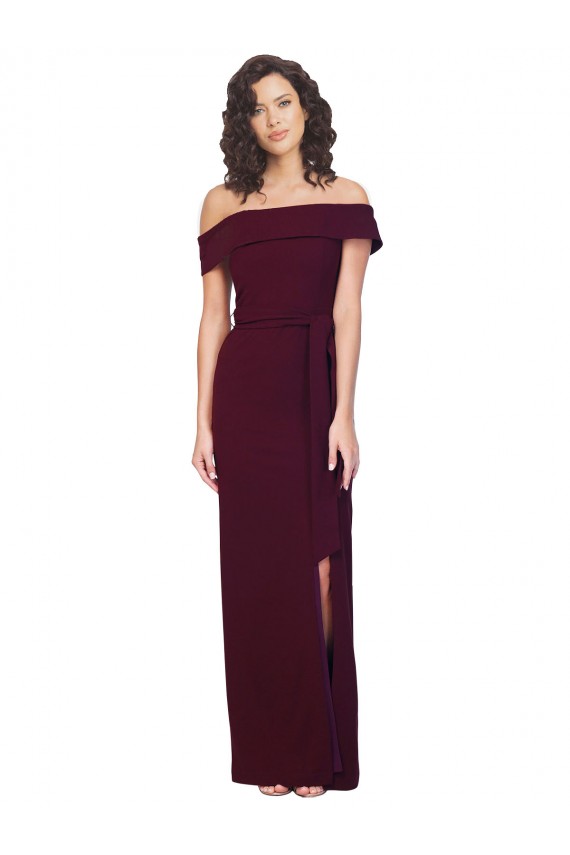 Best Stretch Crepe Low Back Long Off the Shoulder Sheath Formal Evening Dress
