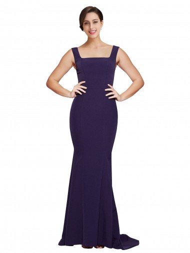 Best Stretch Crepe Sweep Train Square Neck Dark Navy Sheath Semi Formal Evening Dress