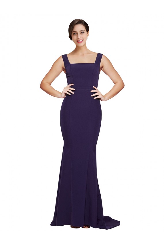 Best Stretch Crepe Sweep Train Square Neck Dark Navy Sheath Semi Formal Evening Dress