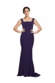 Best Stretch Crepe Sweep Train Square Neck Dark Navy Sheath Semi Formal Evening Dress