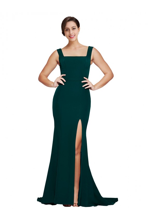 Best Stretch Crepe Sweep Train Square Neck Midnight Green Sheath Semi Formal Evening Dress