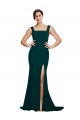 Best Stretch Crepe Sweep Train Square Neck Midnight Green Sheath Semi Formal Evening Dress